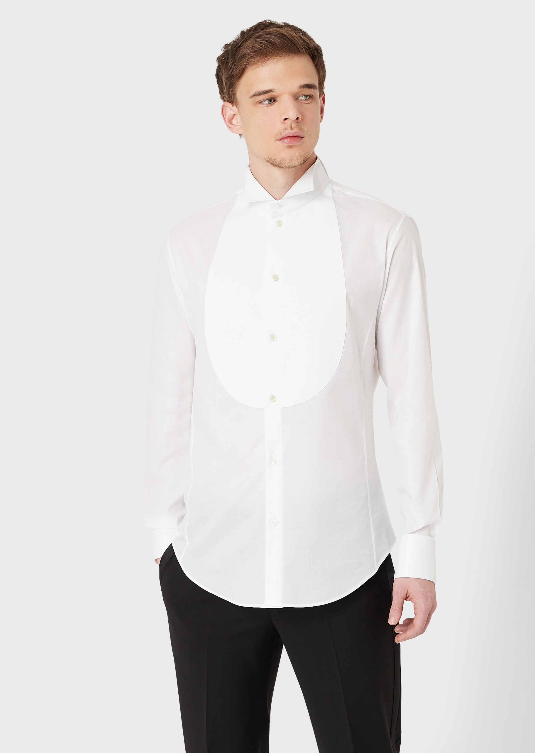 Giorgio Armani 男士白色优雅修身全棉翼型领长袖纯色衬衫