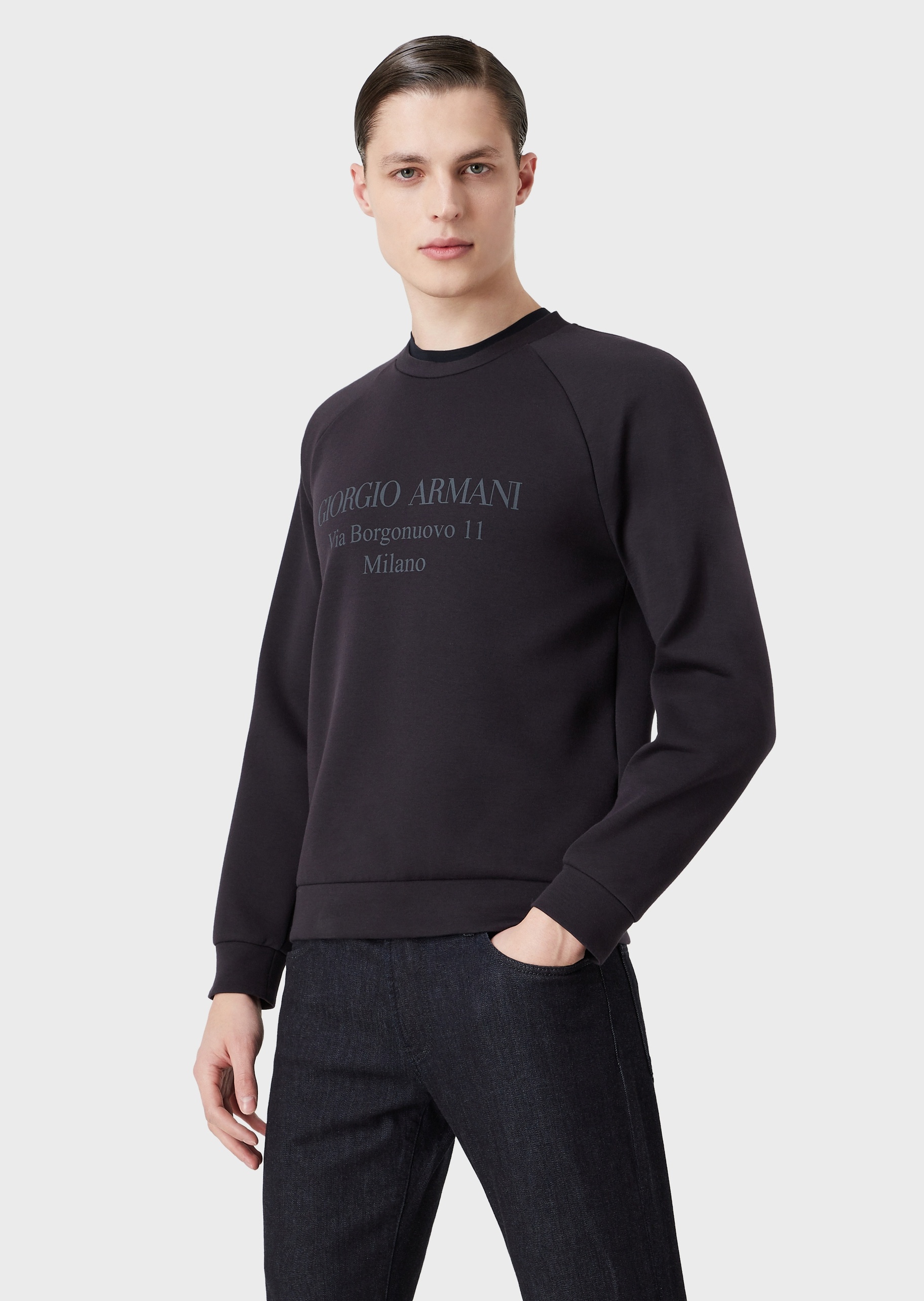Giorgio Armani 男士休闲套头棉质圆领插肩印花卫衣