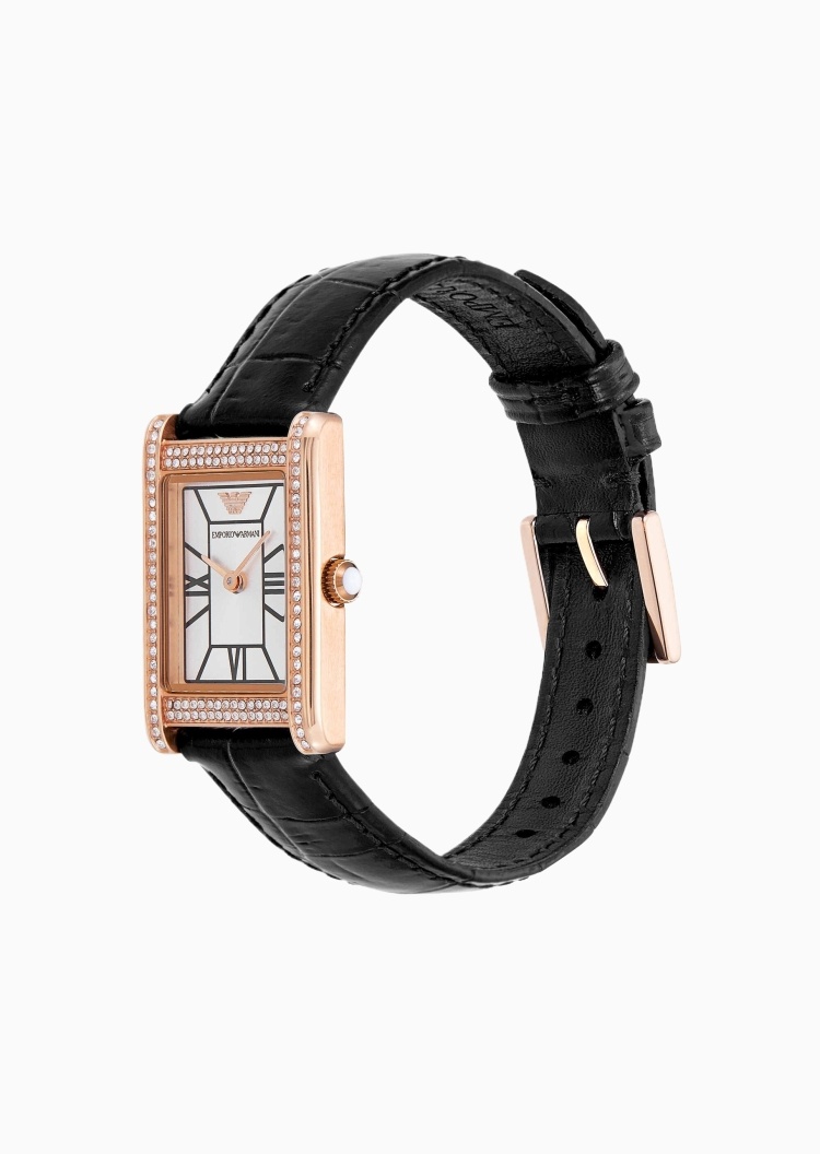 Emporio Armani 女士密镶小方表皮质腕带石英腕表