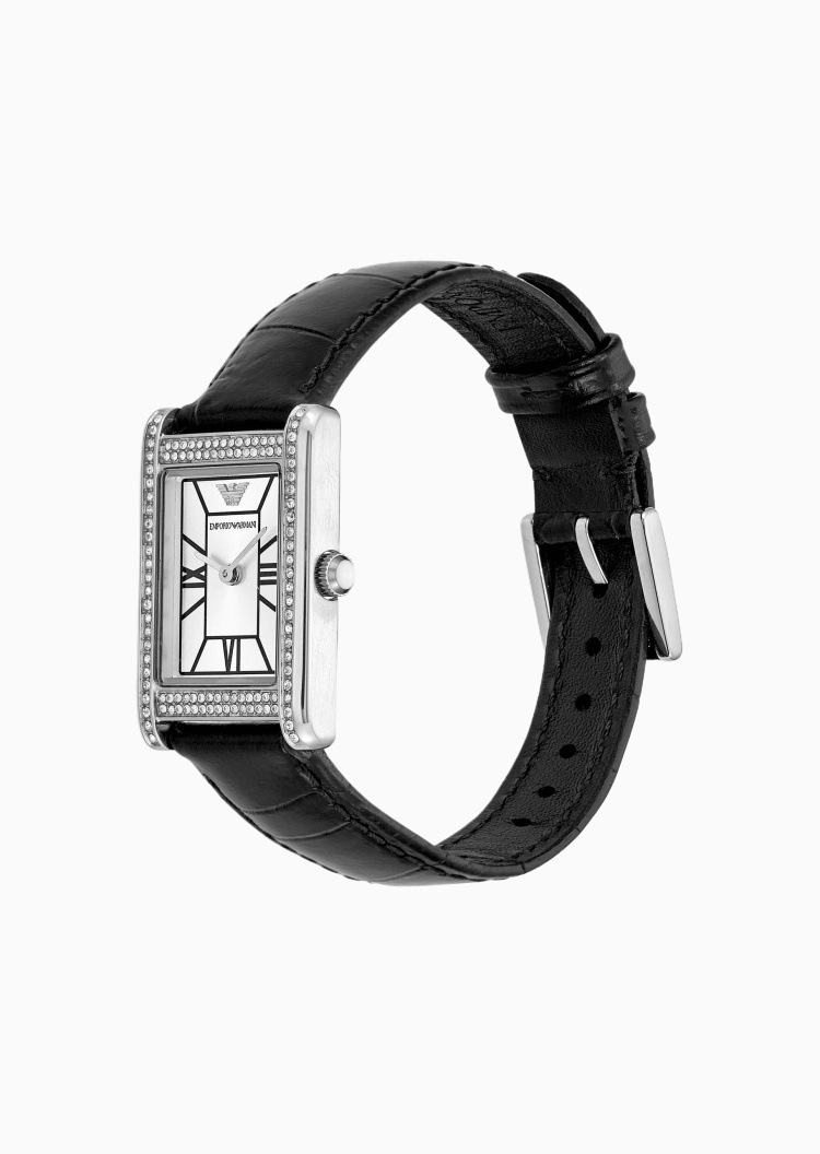 Emporio Armani 女士密镶小方表鳄鱼纹皮质腕带石英腕表