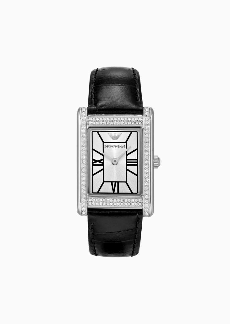 Emporio Armani 女士密镶小方表鳄鱼纹皮质腕带石英腕表