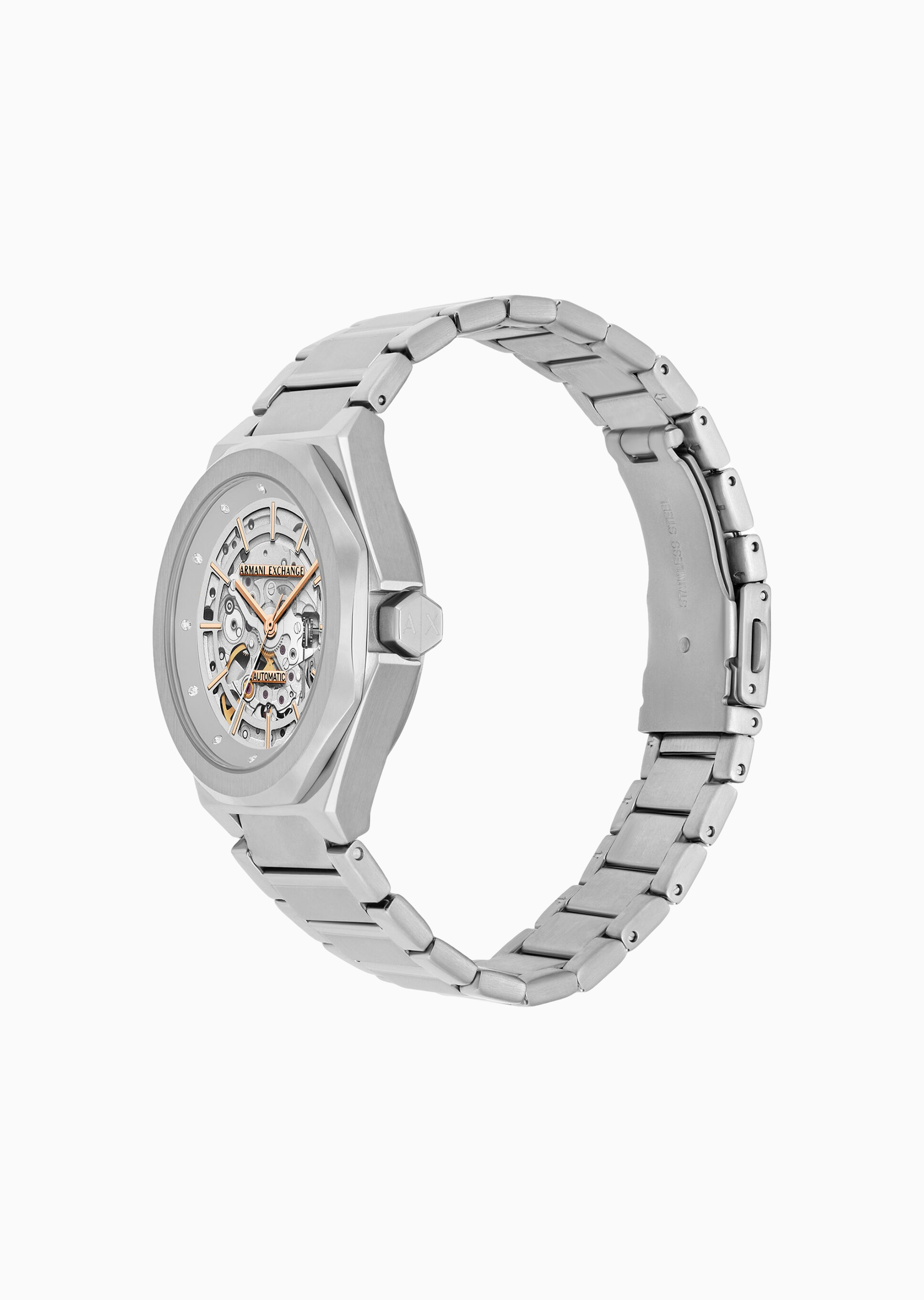 ARMANI EXCHANGE 女士八角形表壳素色钢带机械腕表