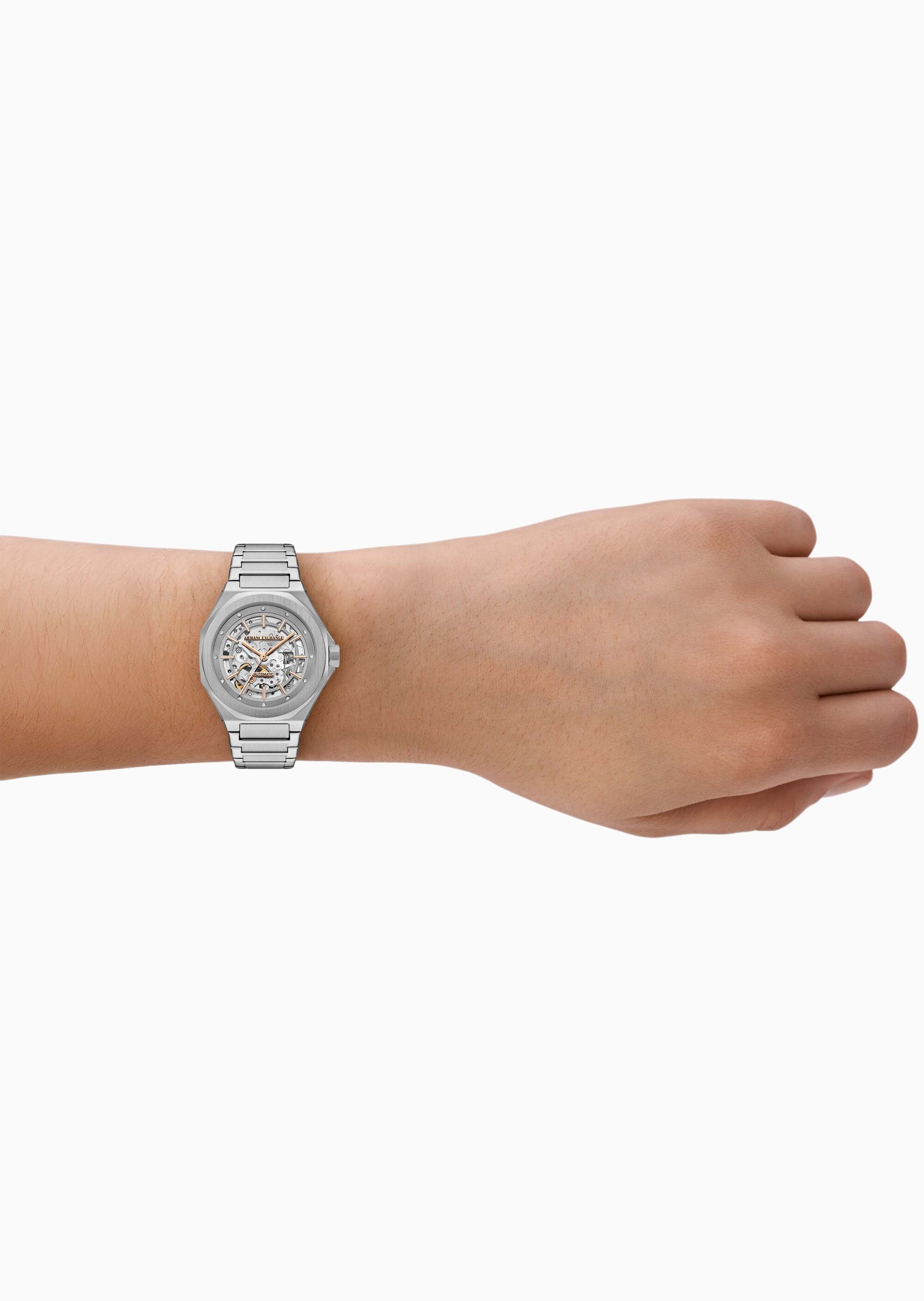 ARMANI EXCHANGE 女士八角形表壳素色钢带机械腕表