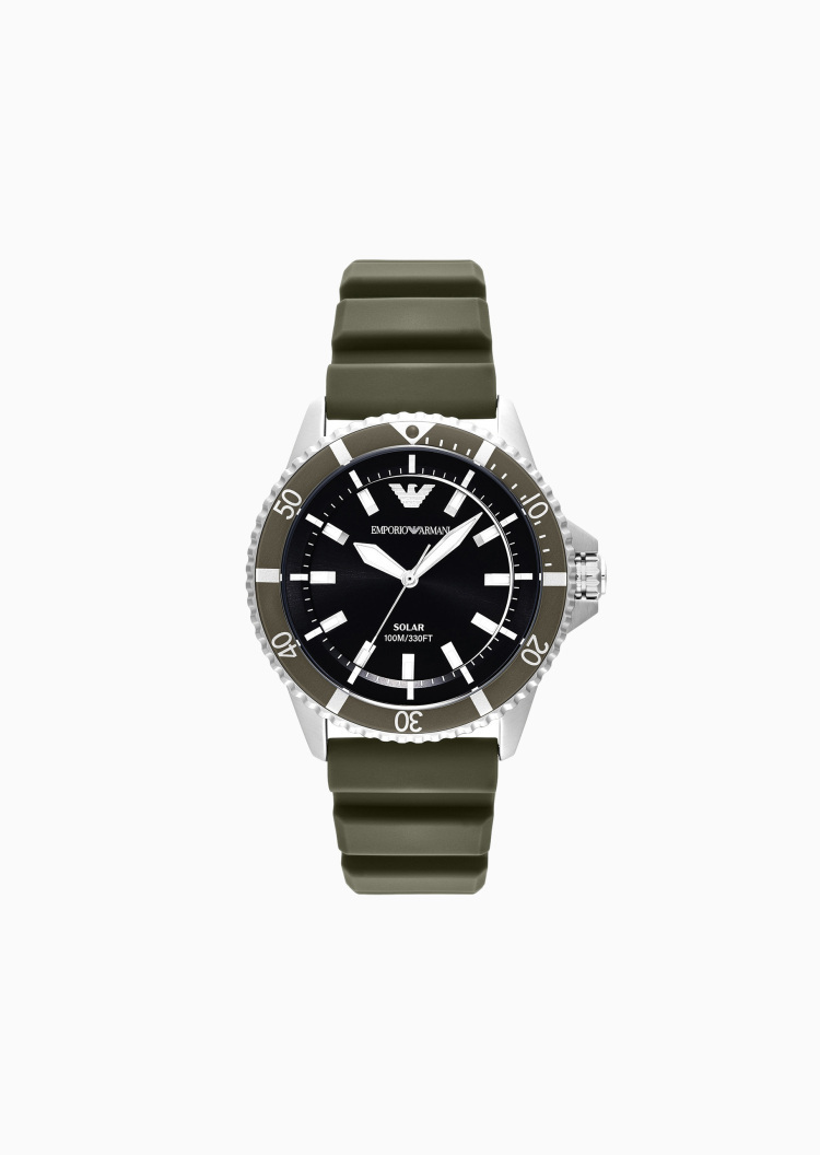 Emporio Armani 男士圆形大表盘三针硅胶腕带太阳能腕表