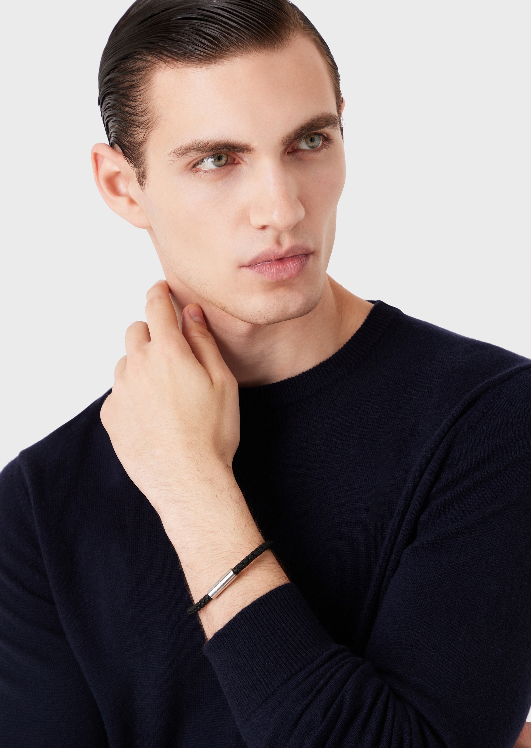 Giorgio Armani 男士牛皮革磁扣细款时尚编织手链