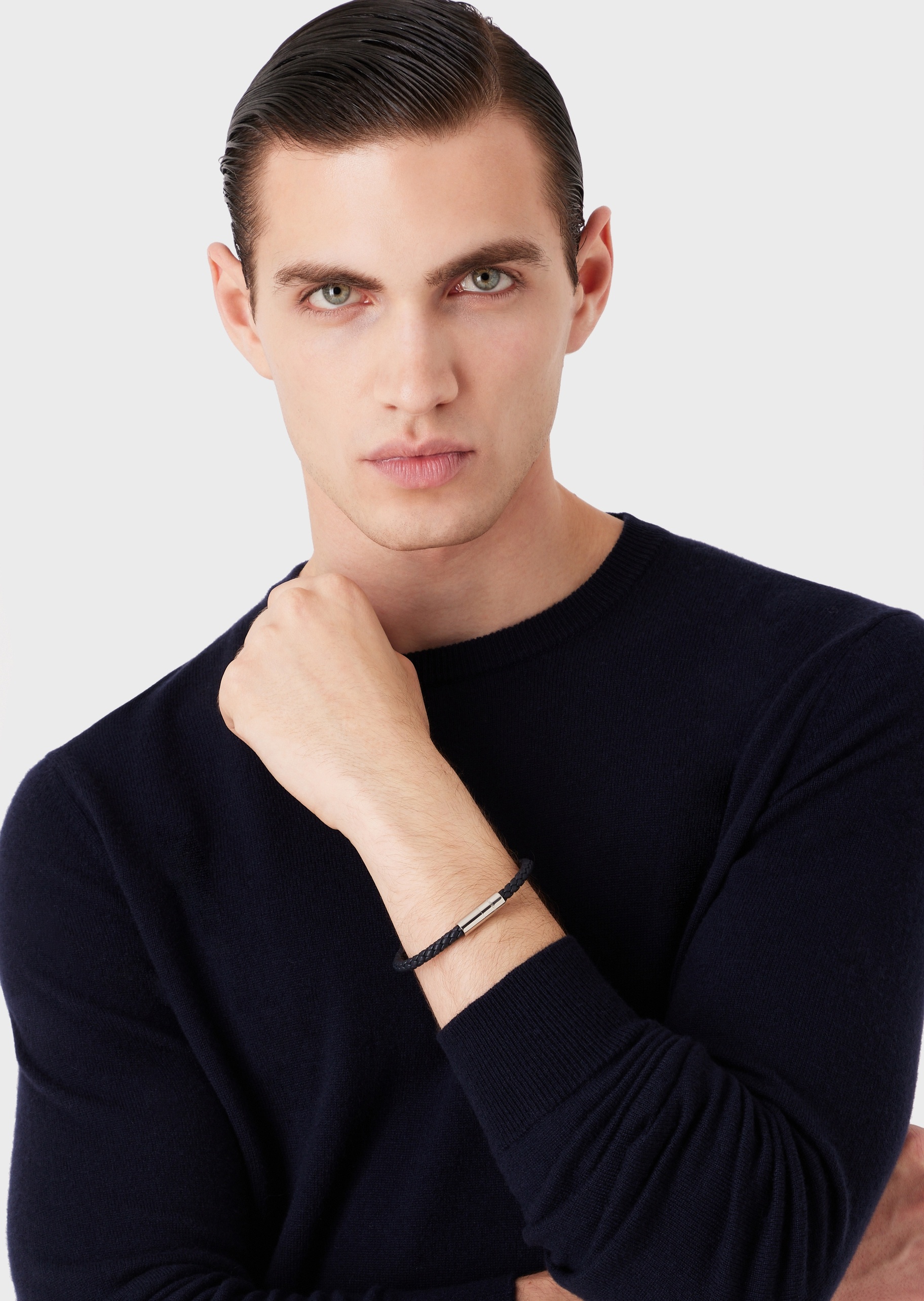 Giorgio Armani 男士牛皮革磁扣细款时尚编织手链