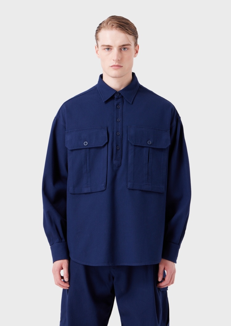 Emporio Armani 可持续系列男士全棉宽松纯色细条纹衬衫