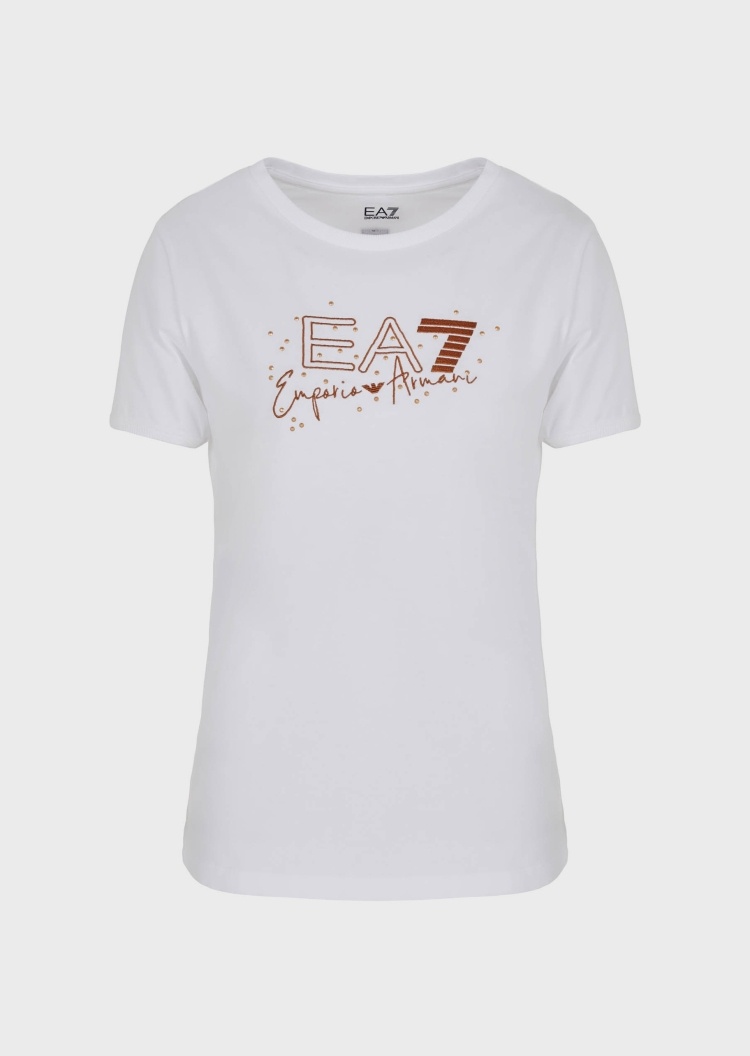 EA7 女士铆钉刺绣LOGO全棉合身圆领短袖T恤