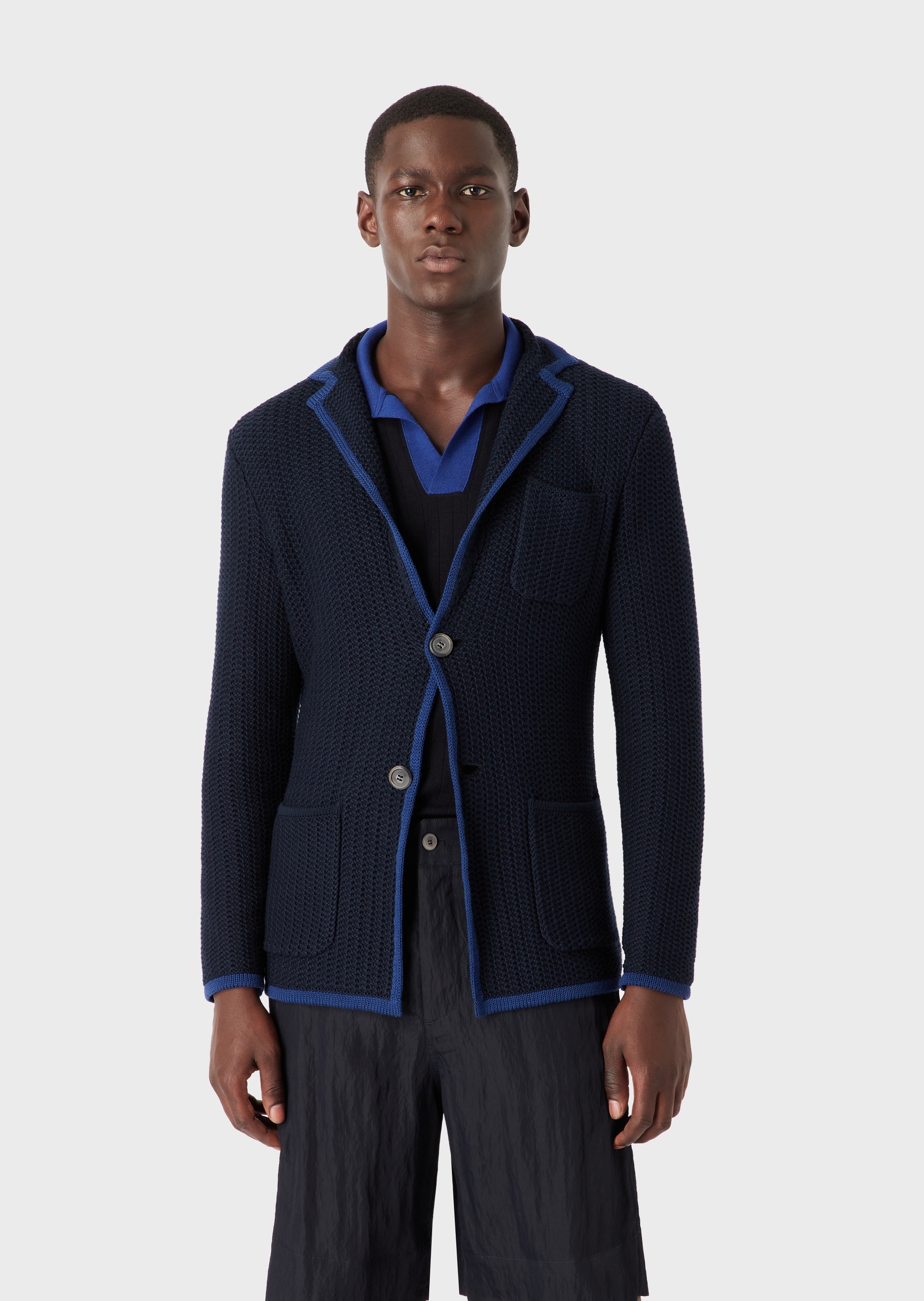Giorgio Armani 男士休闲撞色饰边棉质蜂窝纹针织西装外套
