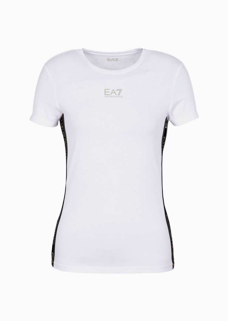 EA7 女士印花运动修身圆领短袖侧饰带T恤