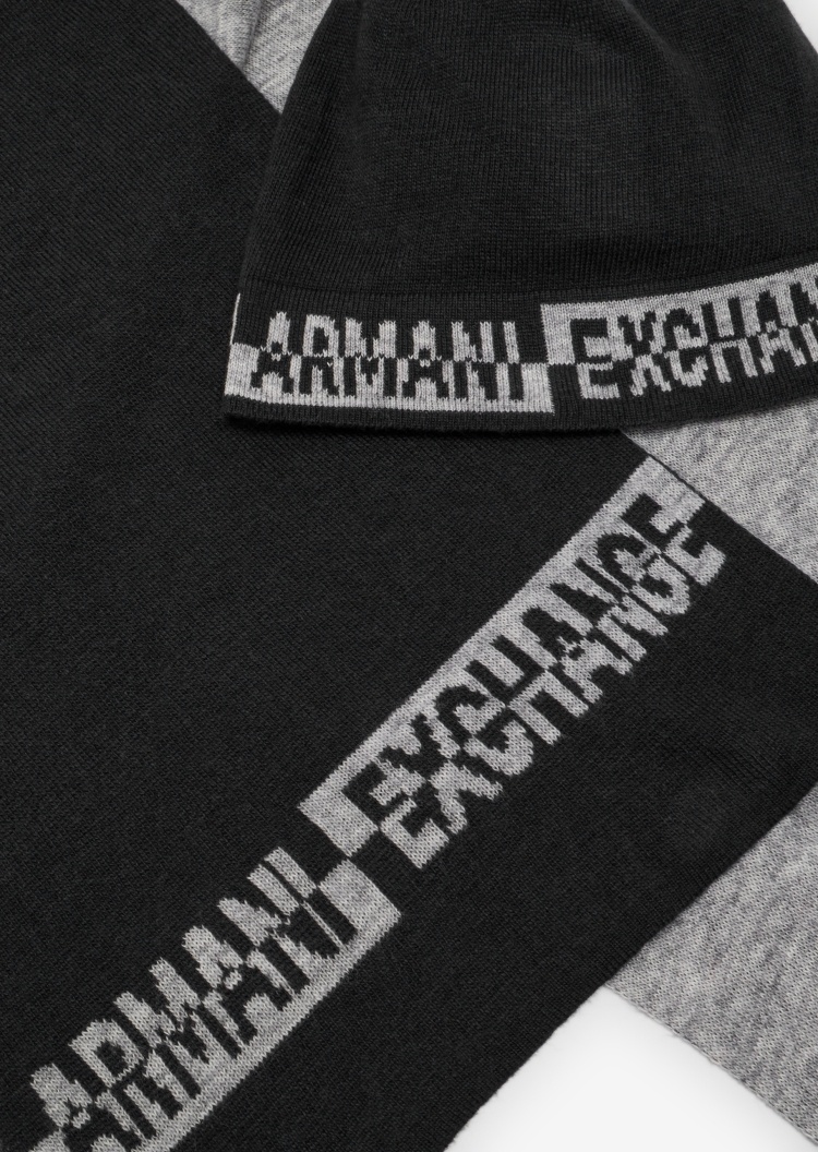ARMANI EXCHANGE 男士双色提花帽子围巾套装