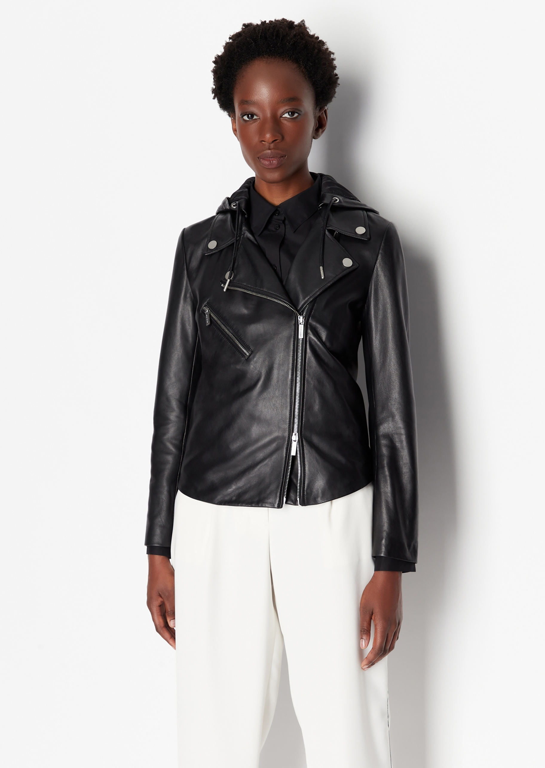 ARMANI EXCHANGE 女士可拆连帽拉链短款皮衣