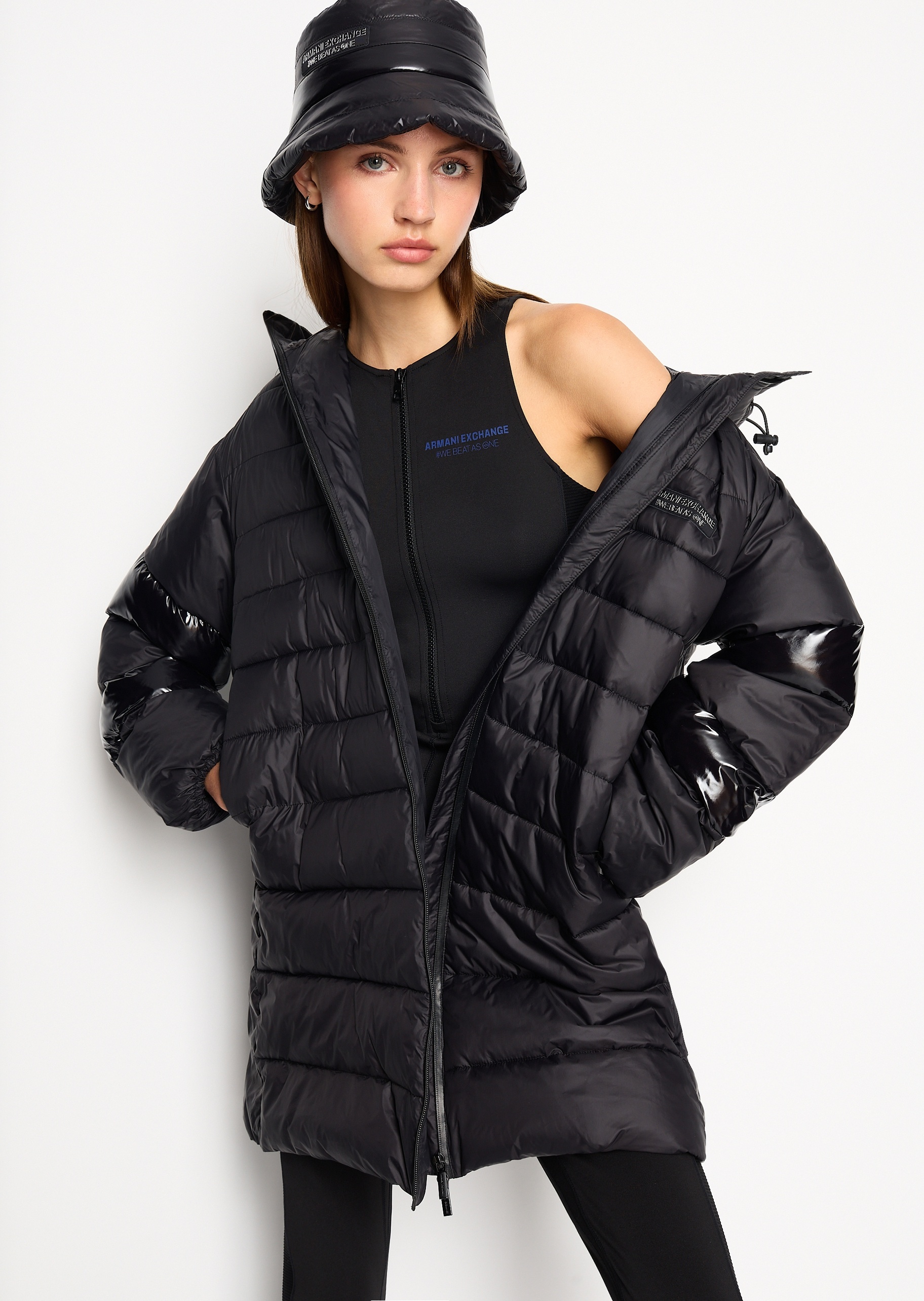 ARMANI EXCHANGE 女士亮面拼接中长连帽棉服