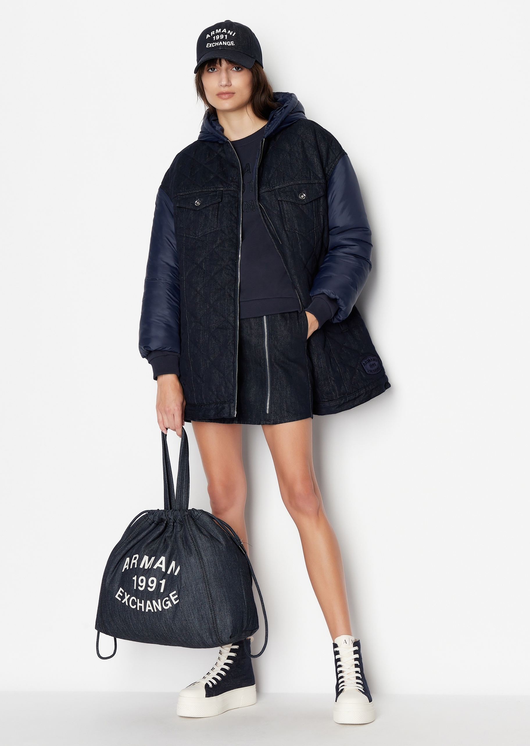 ARMANI EXCHANGE 女士全棉牛仔拼接连帽棉服