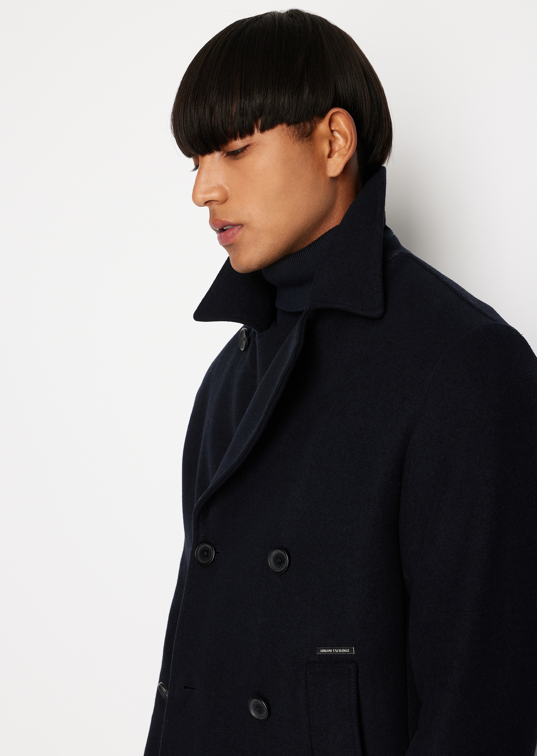 ARMANI EXCHANGE 男士双排扣纯色大衣式棉服