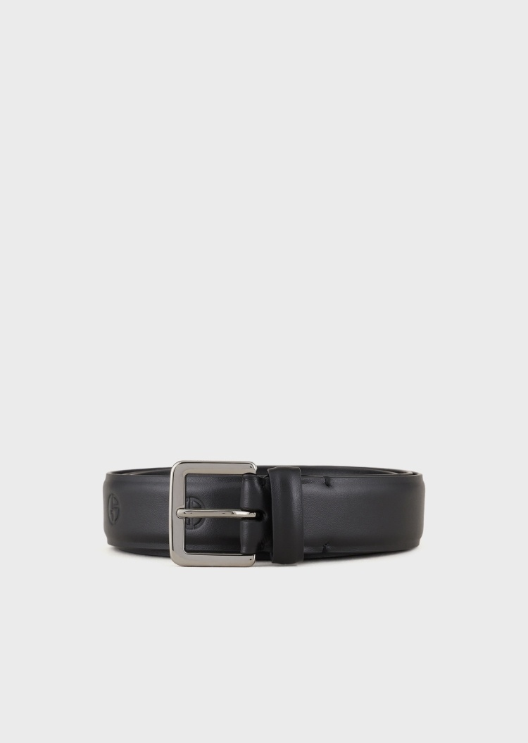 Giorgio Armani 男士牛皮革矩形带扣徽标压纹复古针扣腰带