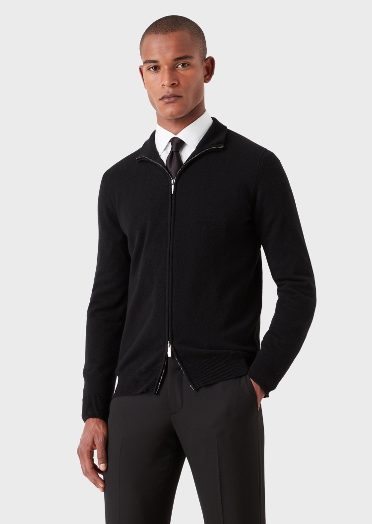 Giorgio Armani 男士老钱风立领拉链纯色山羊绒针织毛衣开衫