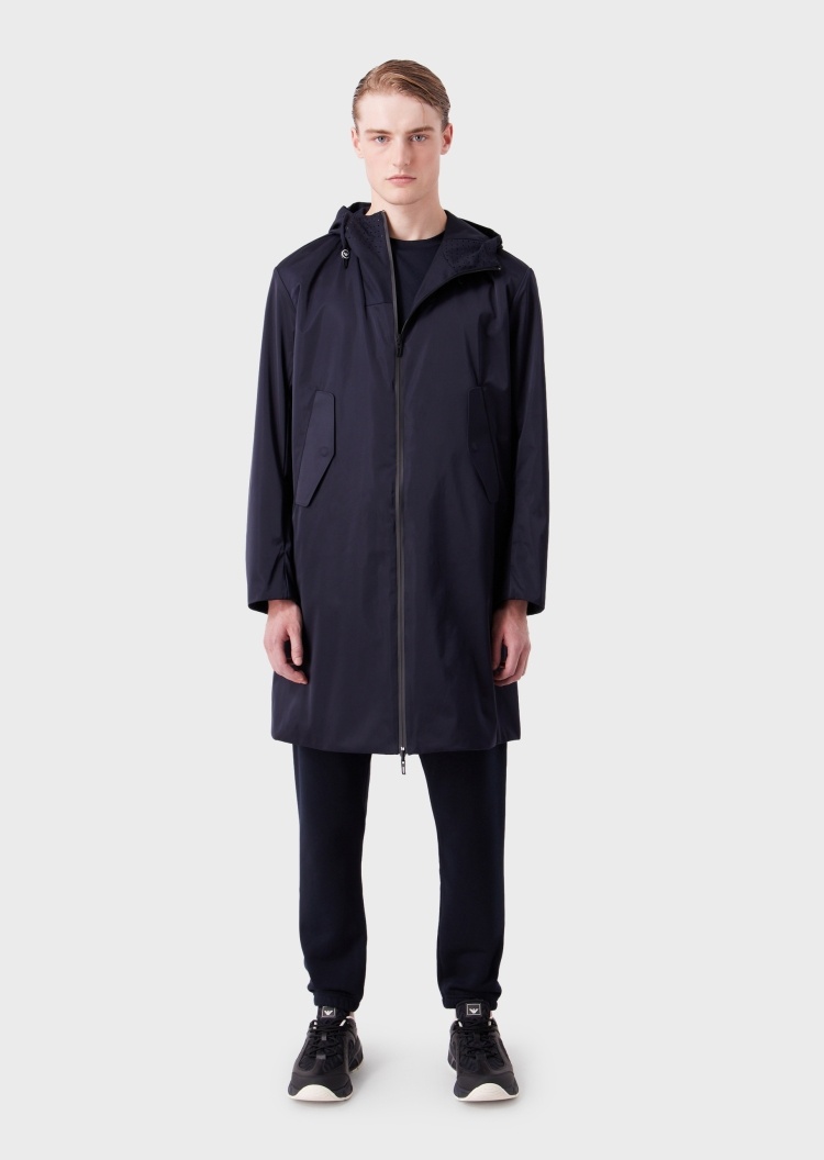 Emporio Armani 男士休闲纯色拉链宽松正反两穿连帽风衣