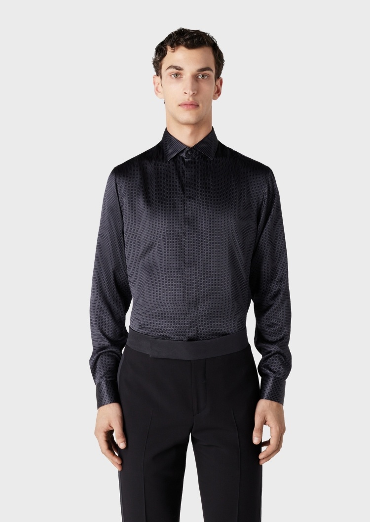 Giorgio Armani 男士休闲微型几何图案桑蚕丝法式领满印衬衫