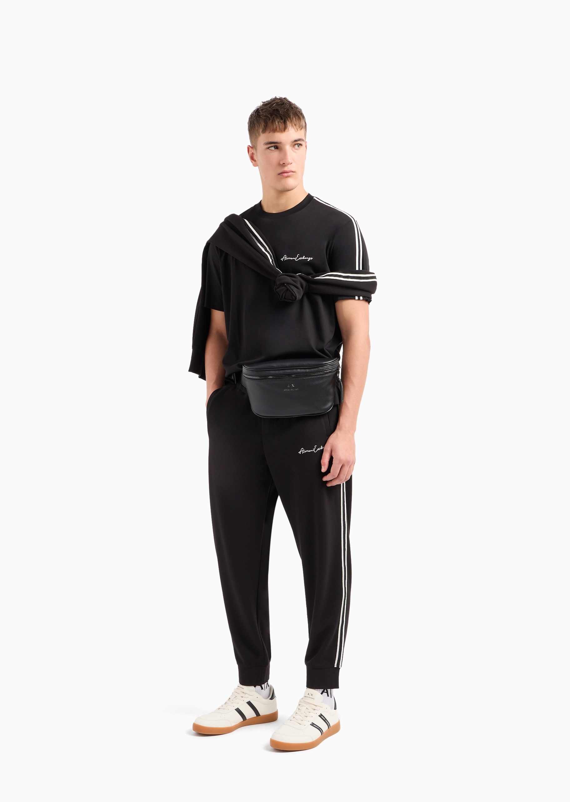 ARMANI EXCHANGE 男士全棉宽松短袖圆领饰带休闲T恤