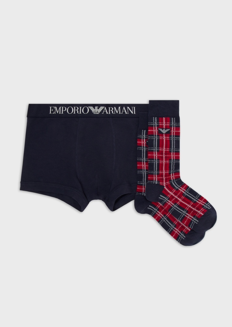 Emporio Armani 男士圣诞风弹力纯棉格纹袜子内裤套装