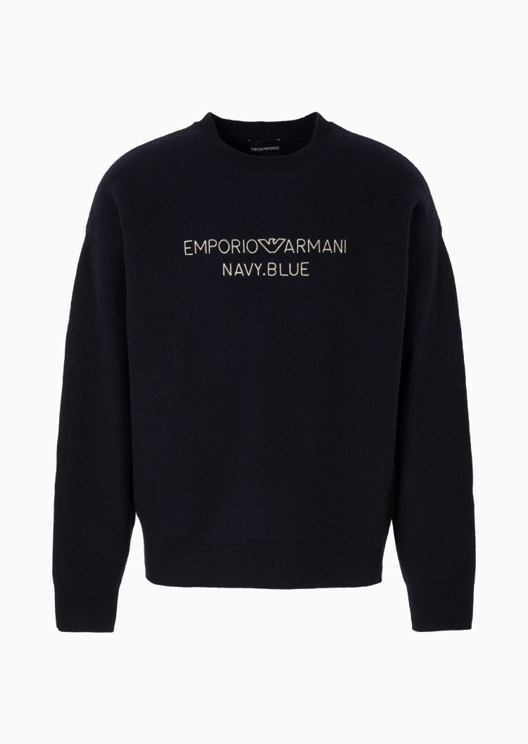 Emporio Armani 男士钩针编织效果刺绣全绵羊毛宽松套头毛衣