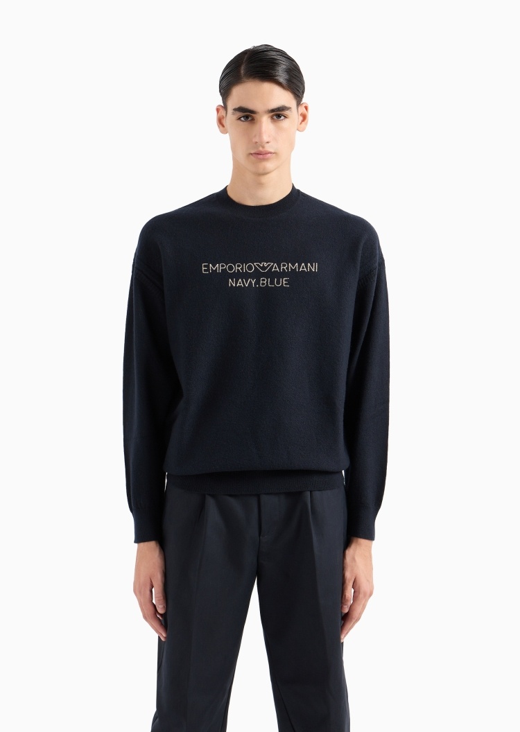 Emporio Armani 男士钩针编织效果刺绣全绵羊毛宽松套头毛衣