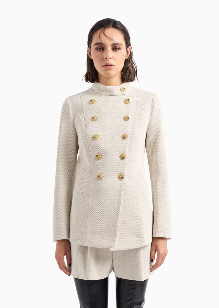Emporio Armani 女士纯色细斜纹棉质立领双排扣西装外套