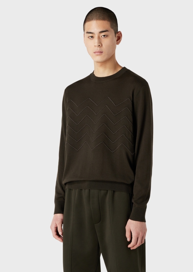 Emporio Armani 男士人字纹刺绣全绵羊毛圆领套头毛衣