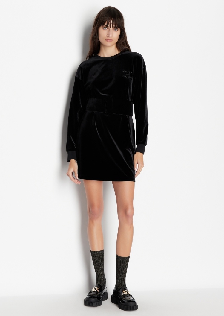 ARMANI EXCHANGE 女士宽束腰绒面长袖连衣裙
