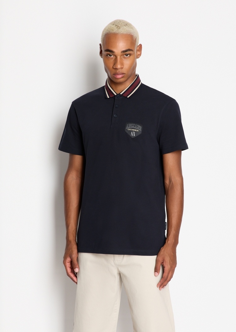 ARMANI EXCHANGE 男士贴标条纹领短袖Polo衫
