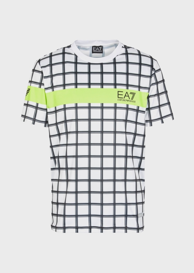 EA7 男拼色网格网球T恤 