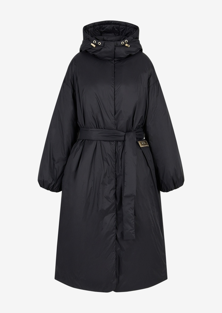 ARMANI EXCHANGE 女士宽松连帽束腰中长款纯色贴标棉服