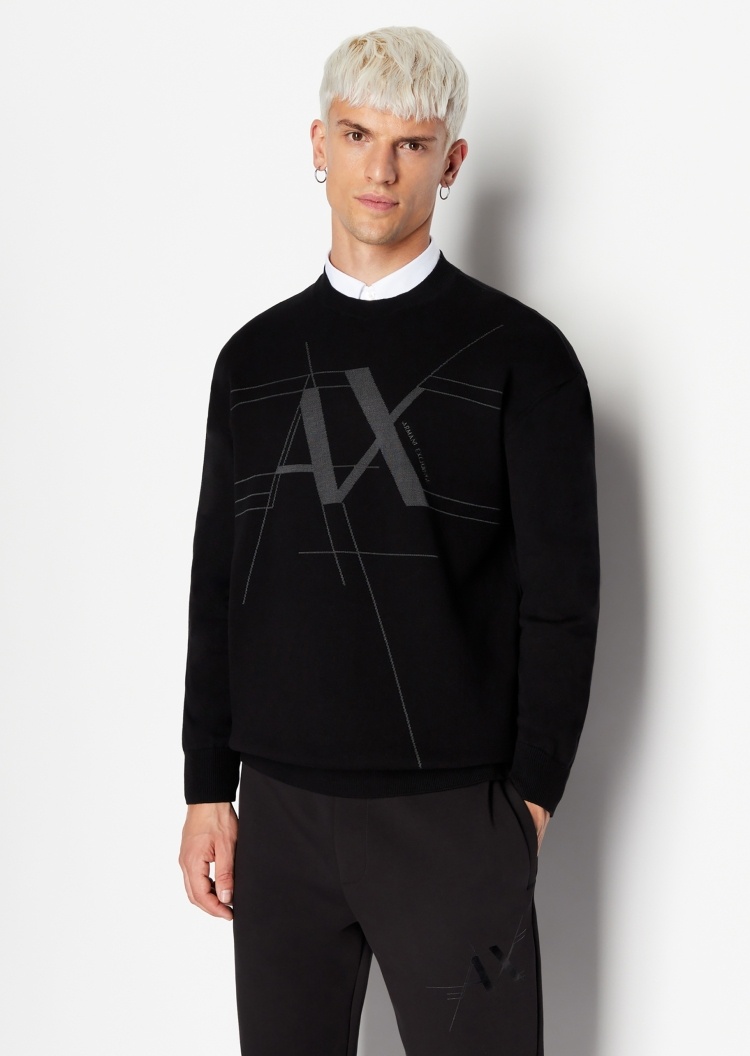 ARMANI EXCHANGE 男士棉质宽松落肩圆领延伸感大提花针织衫