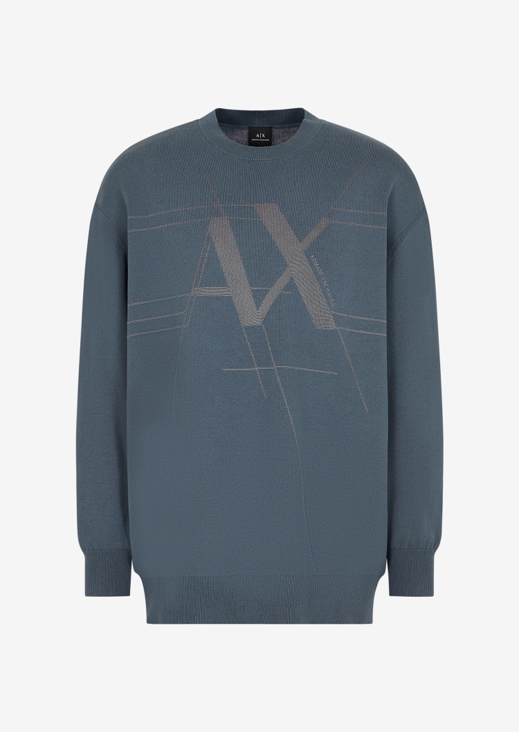 ARMANI EXCHANGE 男士棉质宽松落肩圆领延伸感大提花针织衫