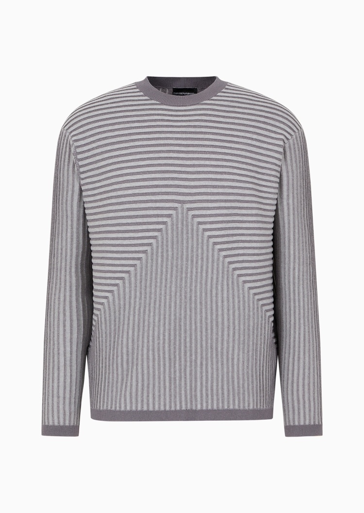 Emporio Armani 男士棉质合身长袖圆领条纹套头针织衫