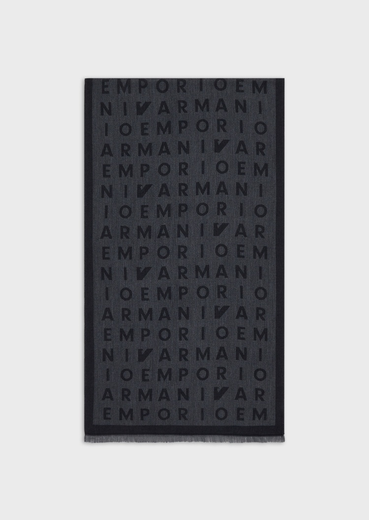 Emporio Armani 男士围脖式长方形短流苏通体字母提花围巾