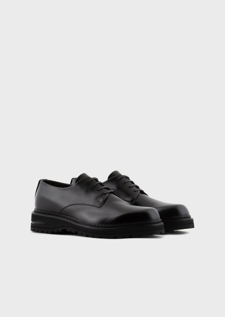 Giorgio Armani 男士牛皮革低帮坡跟黑色德比系带鞋
