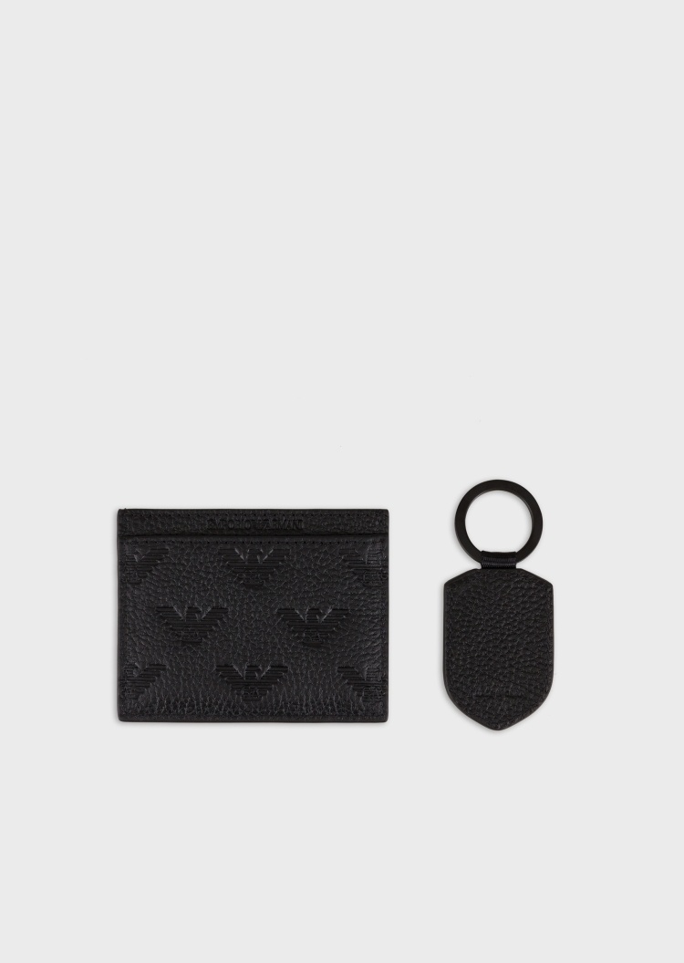 Emporio Armani 男士配鹰标钥匙扣牛皮革压花小皮具套装