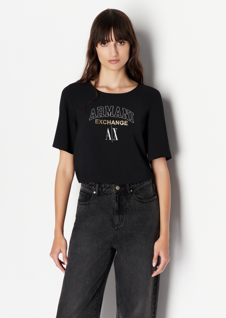 ARMANI EXCHANGE 女士宽松圆领隐藏拉链落肩短袖上衣
