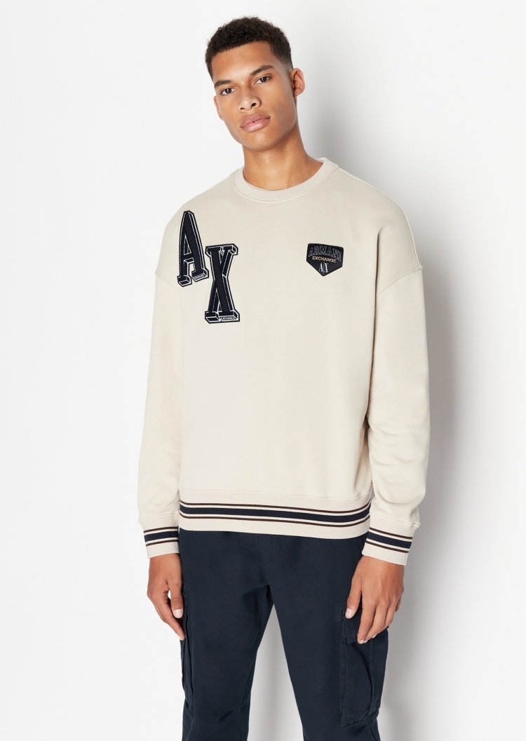 ARMANI EXCHANGE 男士棉质宽松圆领落肩LOGO贴片卫衣