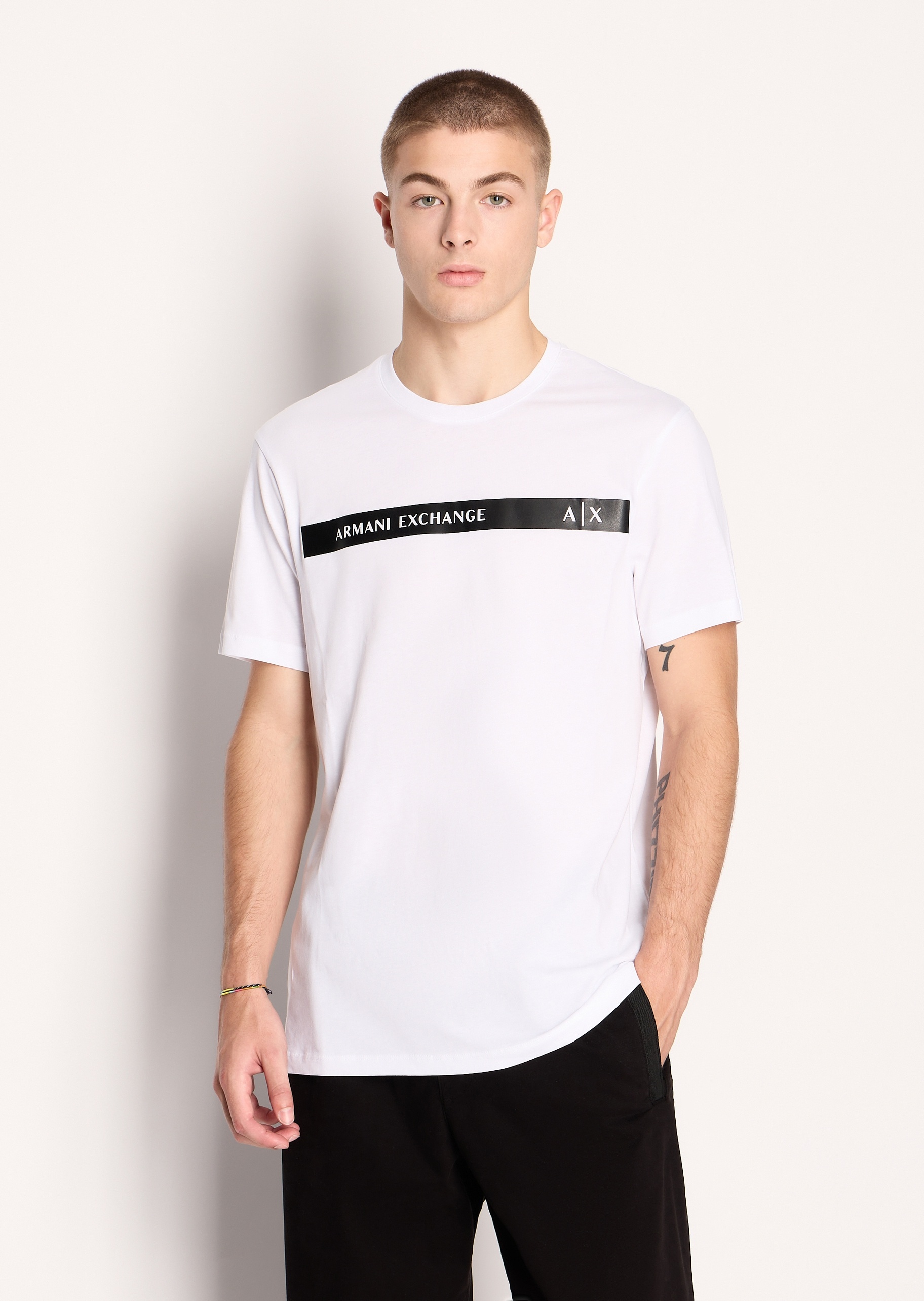 ARMANI EXCHANGE 男士全棉合身圆领短袖镂空饰带T恤