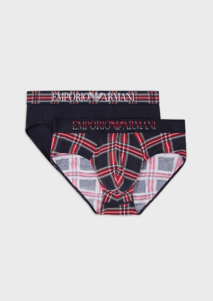 Emporio Armani 男士圣诞风弹力两条装纯棉格纹三角内裤