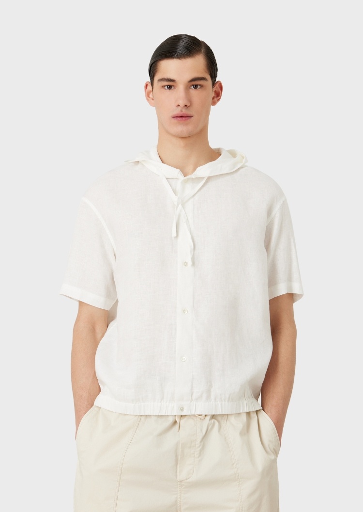 Emporio Armani 清新亚麻连帽短袖衬衫