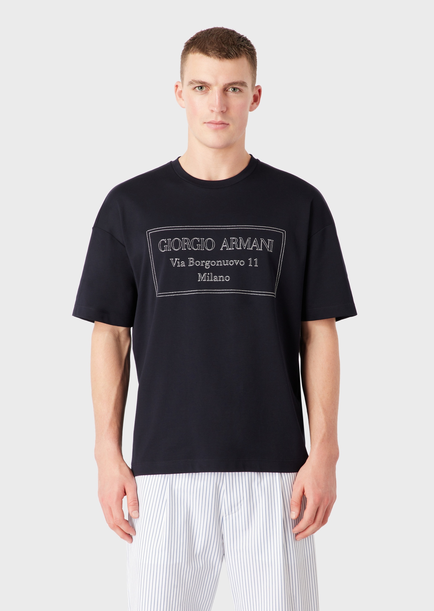 Giorgio Armani 男士全棉宽松短袖圆领落肩都市休闲T恤