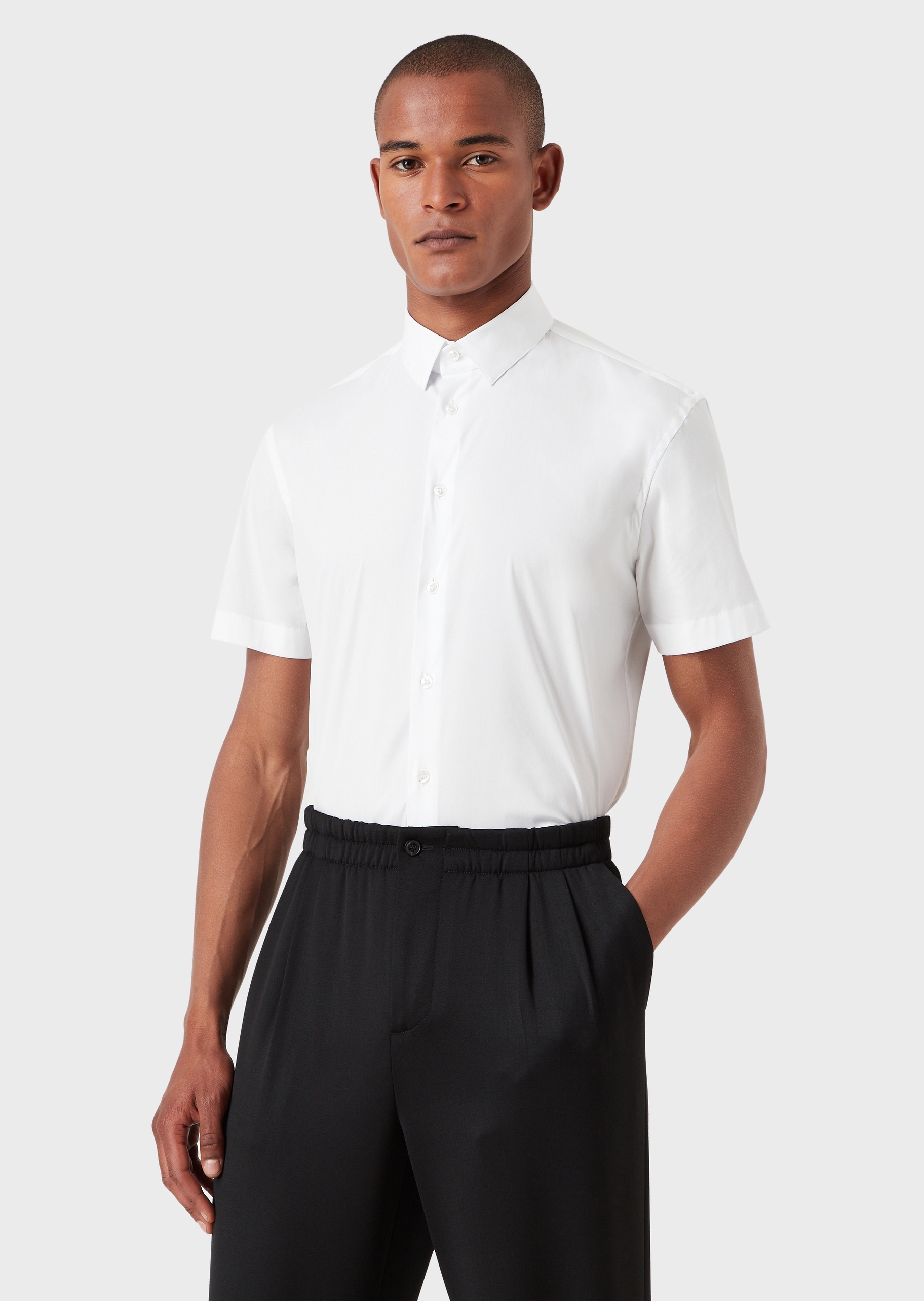 Giorgio Armani 男士休闲商务翻领弹力棉质短袖纯色衬衫