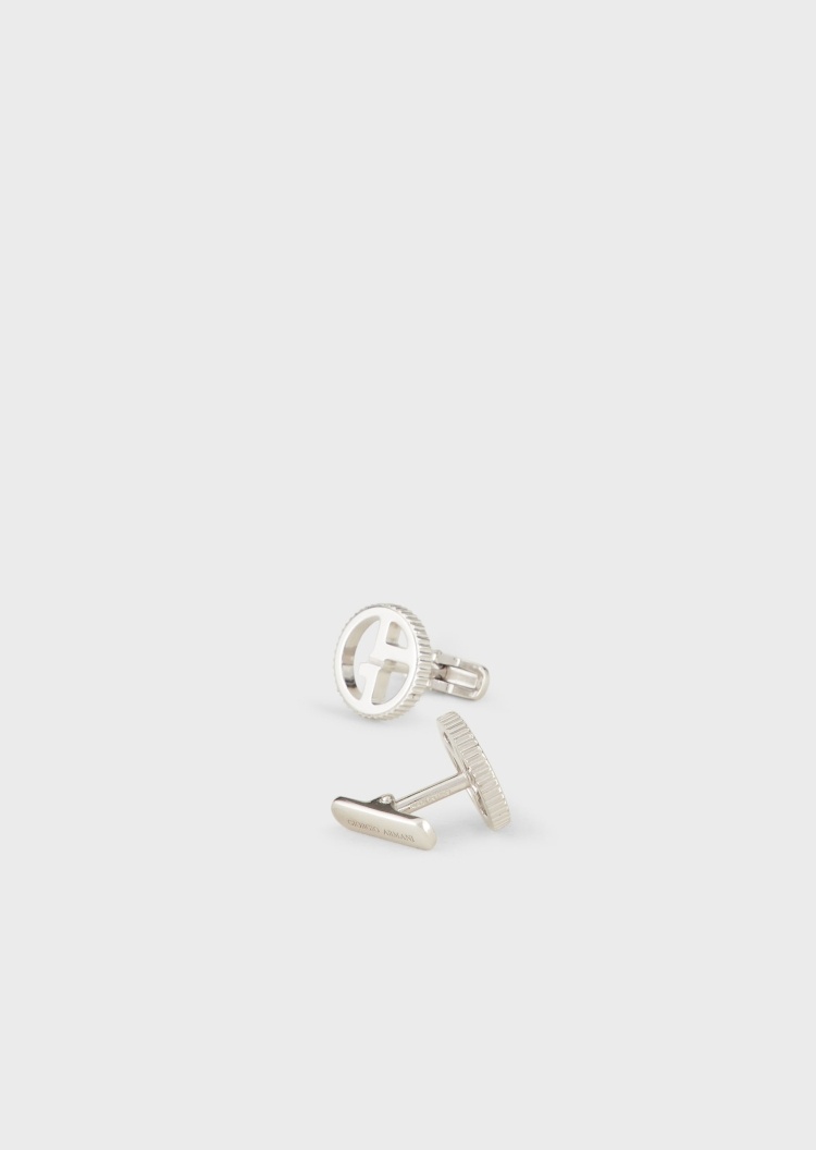 Giorgio Armani 男士优雅立体圆形银质镂空LOGO滚花袖扣