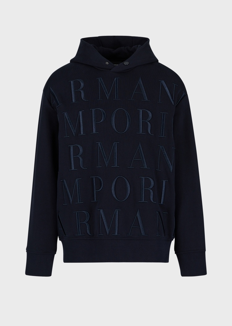Emporio Armani 标识刺绣按扣连帽卫衣