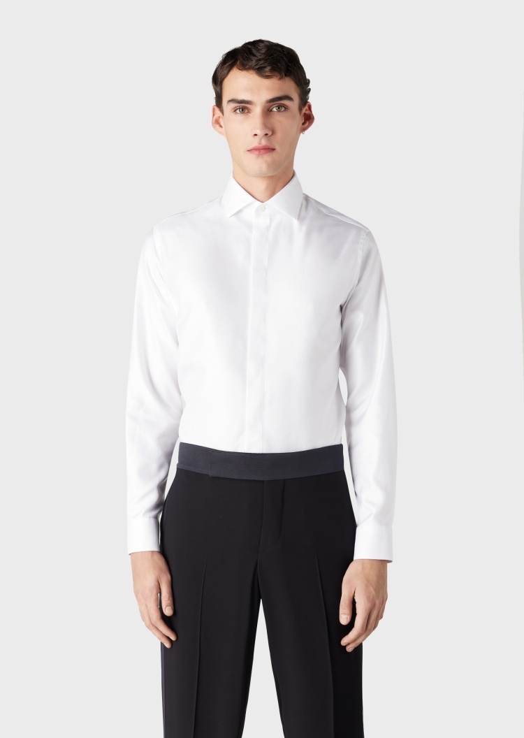 Giorgio Armani 男士白色休闲商务全棉暗门襟法式领衬衫