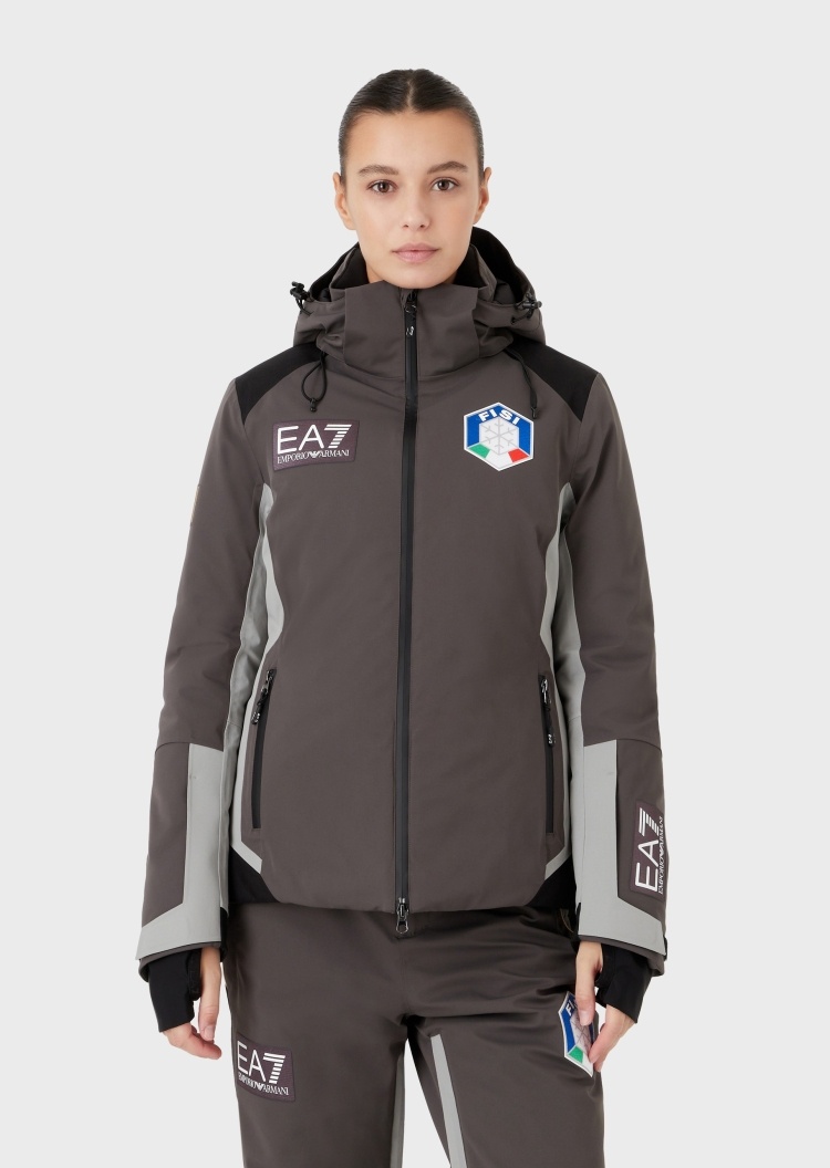 EA7 女士拼接连帽防风滑雪棉服